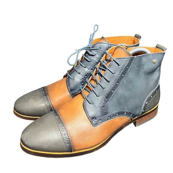 PIKOLINOS Women Cap Toe Leather Blue Brown Lace Up Side Zip Ankle Boots 41 US 10 - Picture 1 of 8
